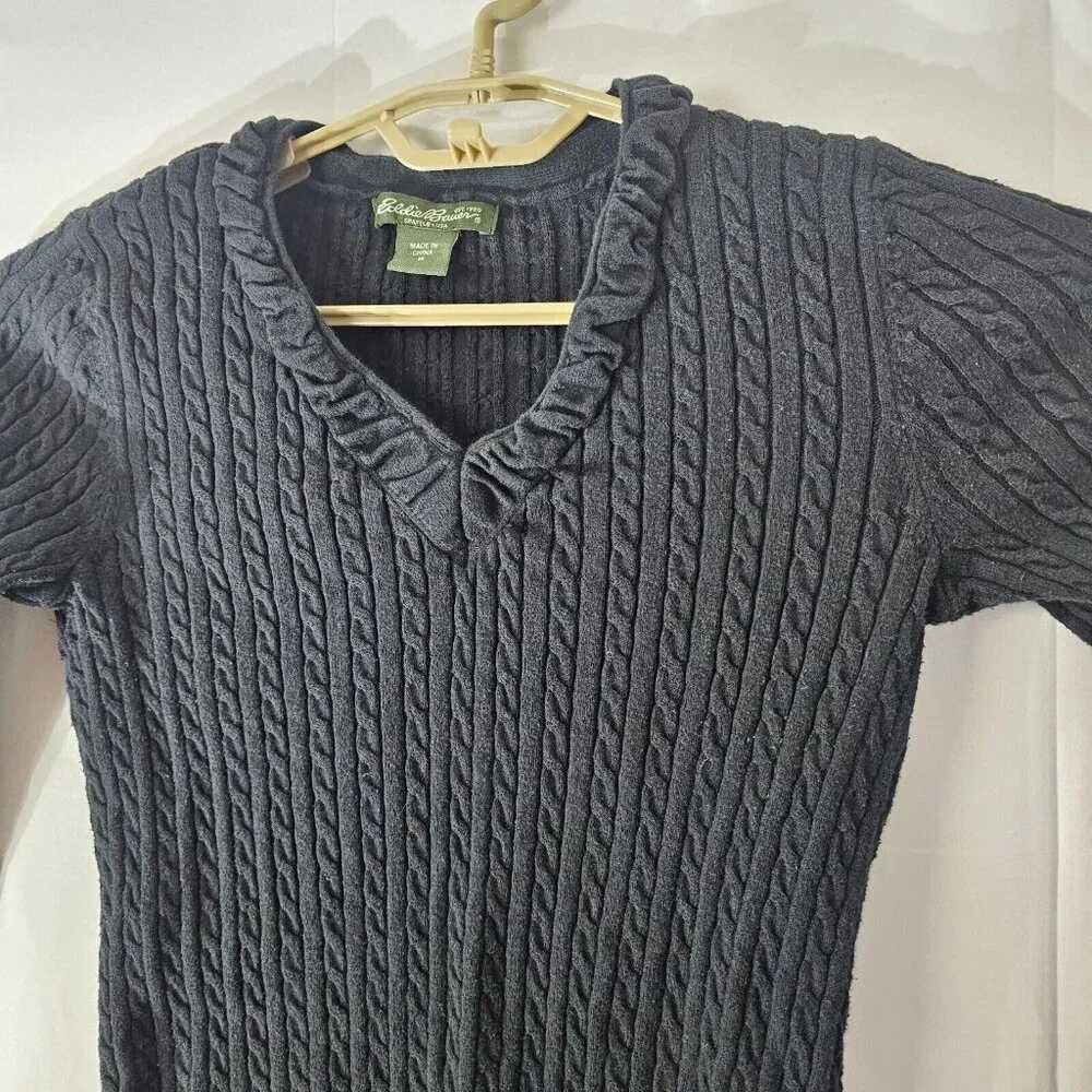 Eddie Bauer Sweater Womens M Black V Neck Cable Knit Long Sleeve Pullover Top - Picture 7 of 10